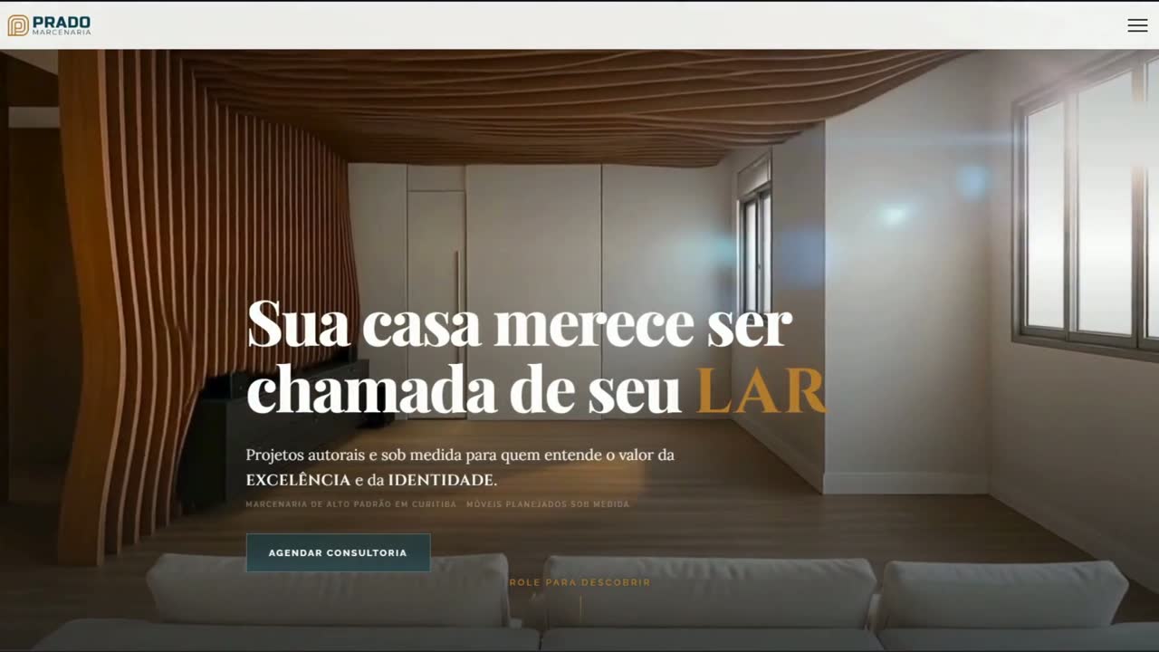 Site da Prado Marcenaria, com a chamada principal sobre a foto de um projeto executado